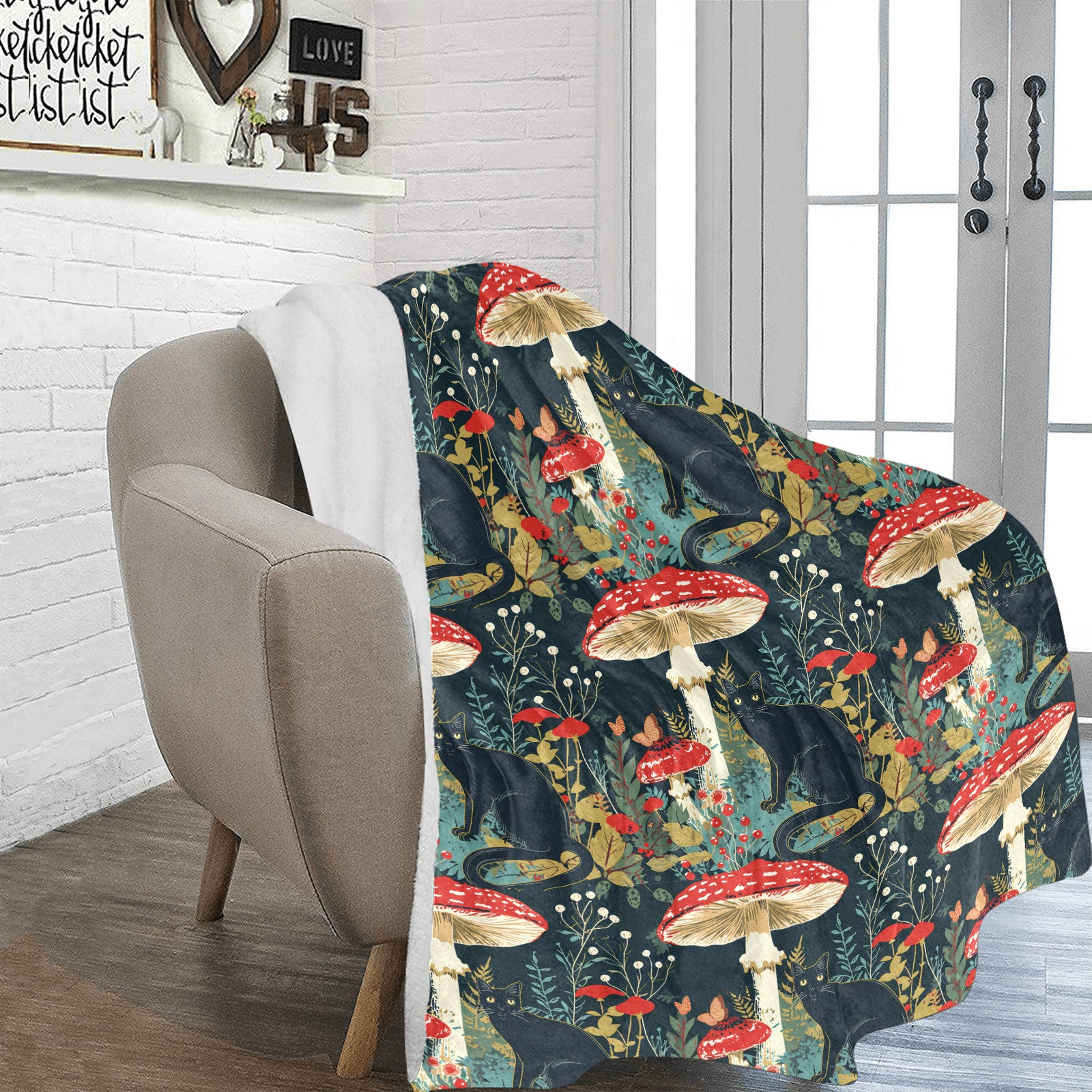 Mushroom Blanket, Toadstool and Cat, Ultra Soft Fleece Blanket