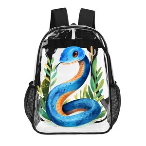 May include: Clear backpack featuring a blue snake design. The snake is curled up with its head facing the viewer. The backpack has black mesh side pockets.