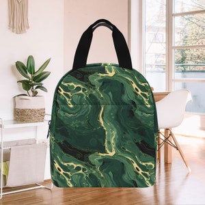 Green Marble Effect, Zipper Closure Thermal Lunch Bag, Insulated Zippered Picnic Bag, Zip Lunch Box,