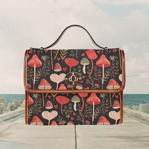 Cartable en toile imperméable, Sac à bandoulière pour femme, Sac à main en PU, Coeurs d'amour aux champignons de la forêt, Noyau Forest Cottage,