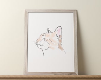 May include: A framed wall art print featuring a minimalist line drawing of a ginger cat in profile. The cat has closed eyes and is rendered with soft orange and brown watercolor-style shading inside a light-toned wooden frame.