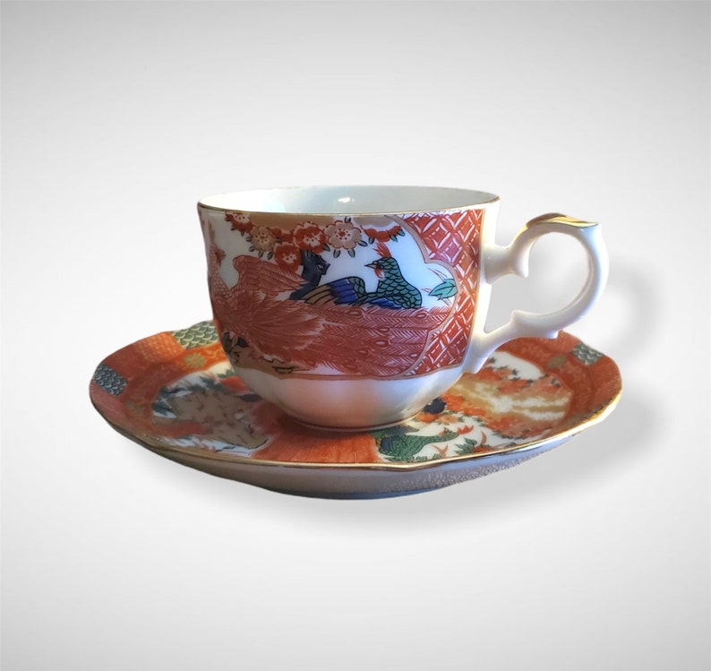Arita Imari Fine China Japan RED PEACOCK Tea Cup and Saucer.