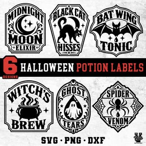 May include: A set of six black and white Halloween potion labels featuring illustrations of a moon, a cat, a bat, a cauldron, a ghost, and a spider. The text includes Midnight Moon Elixir, Black Cat Hisses, Bat Wing Tonic, Witch's Brew, Ghost Tears, and Spider Venom.