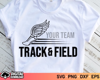 May include: Black and white graphic design of a winged running shoe with the text "Your Team Track & Field".