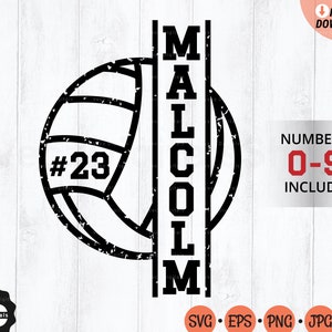 May include: Black and white graphic design of a volleyball with the number 23 and the word "MALCOLM" vertically stacked. Numbers 0-9 are included.