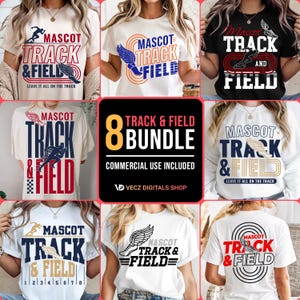 May include: A collection of t-shirts and sweatshirts featuring track and field designs. The shirts display the words "Mascot Track & Field" in various colors and styles, with graphics of a runner and a winged emblem. The image also includes a bundle graphic.