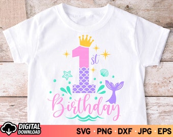 Mermaid 1st Birthday SVG: Girl Name, Tail Cut Files (Digital Download) PNG Sublimation