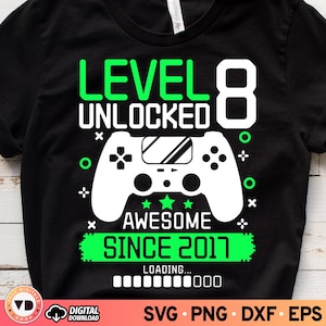 Level 8 ontgrendeld Awesome sinds 2017 SVG, 8e verjaardag jongen Shirt Svg, achtjarige verjaardag Svg, jongen gamer Svg, videogame Svg voor kinderen