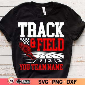 May include: Black t-shirt with a white and red graphic design. The design includes the words "TRACK & FIELD" in large, bold letters, a running shoe with wings, and a track with lanes. The text "YOU TEAM NAME" is also included.