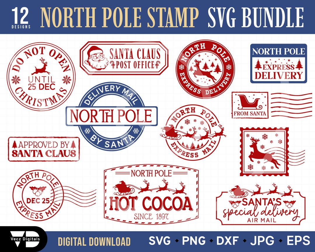 Santa mail stamps bundle SVG,santa sack north pole stamp svg - So Fontsy