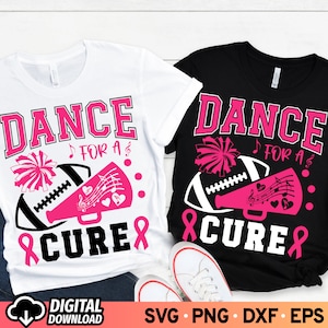May include: Two t-shirts with a pink ribbon, a football, a megaphone, and the text "Dance for a Cure".