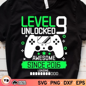 Level 9 Unlocked Super Seit 2016 SVG, 9.Geburtstag Junge Shirt Shirt, Neun Jahre altes Geburtstag Shirt, Junge Gamer Shirt, Videospiel Design für Kinder