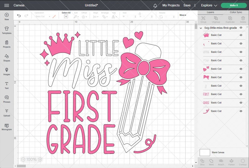 May include: Pink and white design for a first grade girl. The design includes a crown, a pencil with a bow, and the words "Little Miss First Grade".