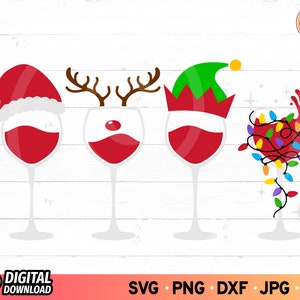 Wijnglas met kerstmuts SVG, rendiernamen Svg, Elfenmuts Svg, kerstverlichting wijnglazen Svg, grappige kerst Svg, SVG-bestanden voor Cricut