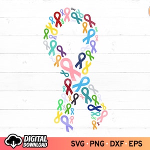 Krebs Schleife in allen Farben SVG, Kampf Krebs Schleife SVG, Brustkrebs Bewusstsein svg, Krieger svg Krebs, Cut Files Cricut, PNG