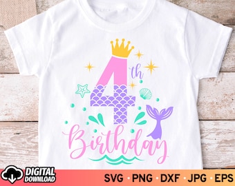 4th Birthday Mermaid SVG: Girl's Birthday Shirt Design (Digital Download) PNG Sublimation