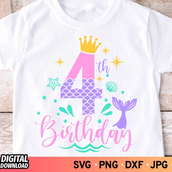 4th Birthday Mermaid SVG, Mermaid Tail SVG, Mermaid Birthday SVG, Birthday Girl svg Mermaid, Mermaid Name svg, Fourth Birthday Shirt Girl