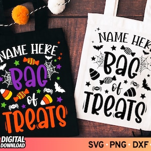 May include: A black tote bag with the text "NAME HERE BAG OF TREATS" in white, orange, and purple. The bag is decorated with bats, candy, and stars. The text is in a fun, Halloween-themed font.