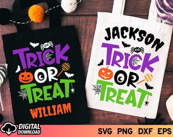 May include: Two trick or treat bags with personalized names. One bag is black with white, green, and purple text. The other bag is white with black, green, and purple text. Both bags feature a pumpkin, spider, and candy cane graphic.