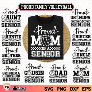 Orgullosa familia de voleibol senior 2026: paquete SVG y PNG: mamá, papá, hermana, hermano (descarga digital)