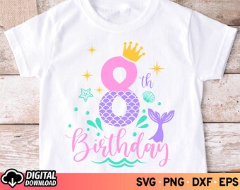 8th Birthday Mermaid Tail SVG: Girl's Birthday Shirt (Digital Download) PNG Sublimation