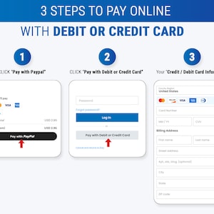 May include: A three-step guide on how to pay online with a debit or credit card. The first step is to click "Pay with Paypal". The second step is to click "Pay with Debit or Credit Card". The third step is to enter your credit or debit card information.