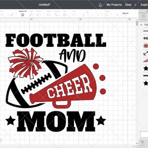 May include: A digital design featuring the words "FOOTBALL AND CHEER MOM" in bold black letters. A football, a red megaphone with "CHEER" in white, and a red and white pom-pom are also included. Stars accent the design.