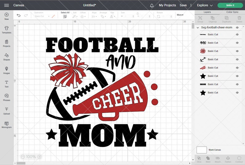 May include: A digital design featuring the words "FOOTBALL AND CHEER MOM" in bold black letters. A football, a red megaphone with "CHEER" in white, and a red and white pom-pom are also included. Stars accent the design.