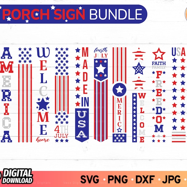 America Patriotic Porch Sign SVG Bundle, Fourth of July Svg, Front Porch Sign Svg, USA flag Svg, Welcome Sign Svg, Digital Download