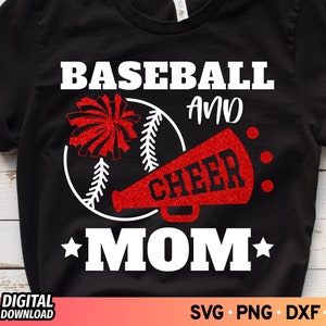May include: Black t-shirt with white text that reads "Baseball and Cheer Mom" with a red and white baseball and a red megaphone.