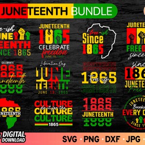 Pode incluir: Um pacote de download digital de 12 designs do Juneteenth. Os designs apresentam vários textos e gráficos em vermelho, amarelo, verde e preto. O texto inclui "Juneteenth", "1865", "Free-ish", "Celebrar a liberdade", "Dia da libertação", "Cultura" e "Quebrar todas as correntes".