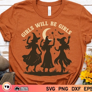 Girls Will Be Girls Witch SVG PNG, plik do wycinania sylwetki tańczących czarownic na Halloween w stylu vintage do koszulek, torebek, projekt retro czarownicy w formacie PNG