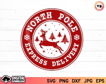 Sello de entrega exprés del Polo Norte SVG: Correo de Santa Claus, letrero navideño (descarga digital) PNG sublimación