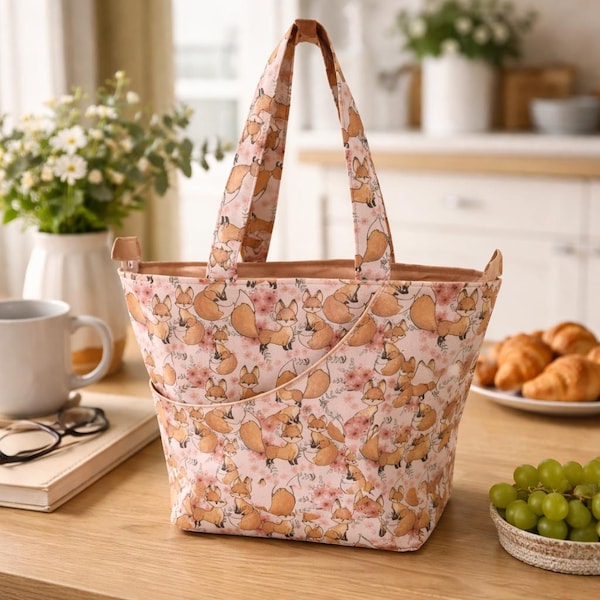 Fox Print Tote Bag: Handmade Cotton Grocery Bag with Zip Pocket