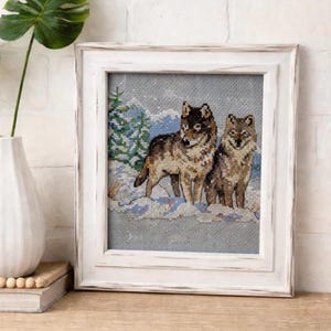 Handmade Cross Stitch Wolves Picture: 6x6 Distressed White Frame image 2