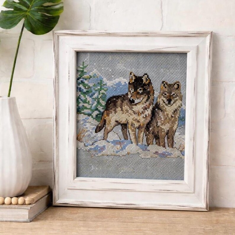 Handmade Cross Stitch Wolves Picture: 6x6 Distressed White Frame image 2