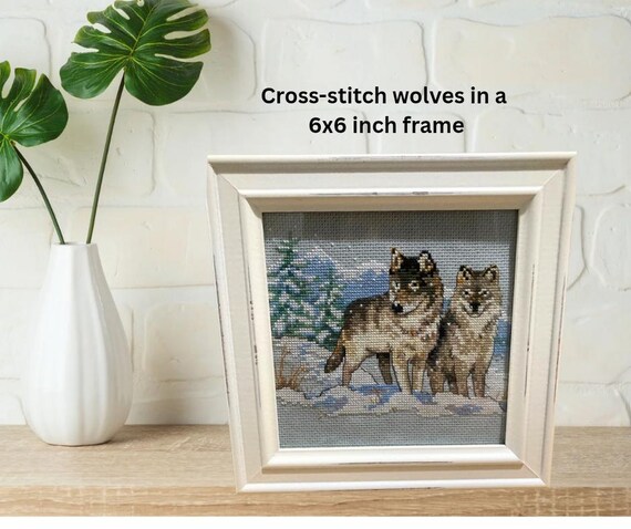 Handmade Cross Stitch Wolves Picture: 6x6 Distressed White Frame
