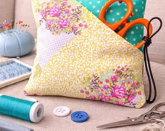 Floral and spot fabric mini scissor holder with pin cushion