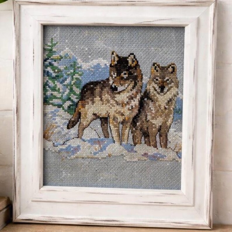 Handmade Cross Stitch Wolves Picture: 6x6 Distressed White Frame image 3