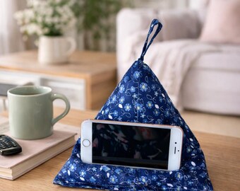 Blue Floral Phone Stand: Handmade Cotton Beanbag Holder
