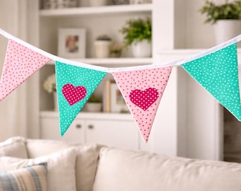 Bunting pink and turquoise polka dot with red hearts 98 cm