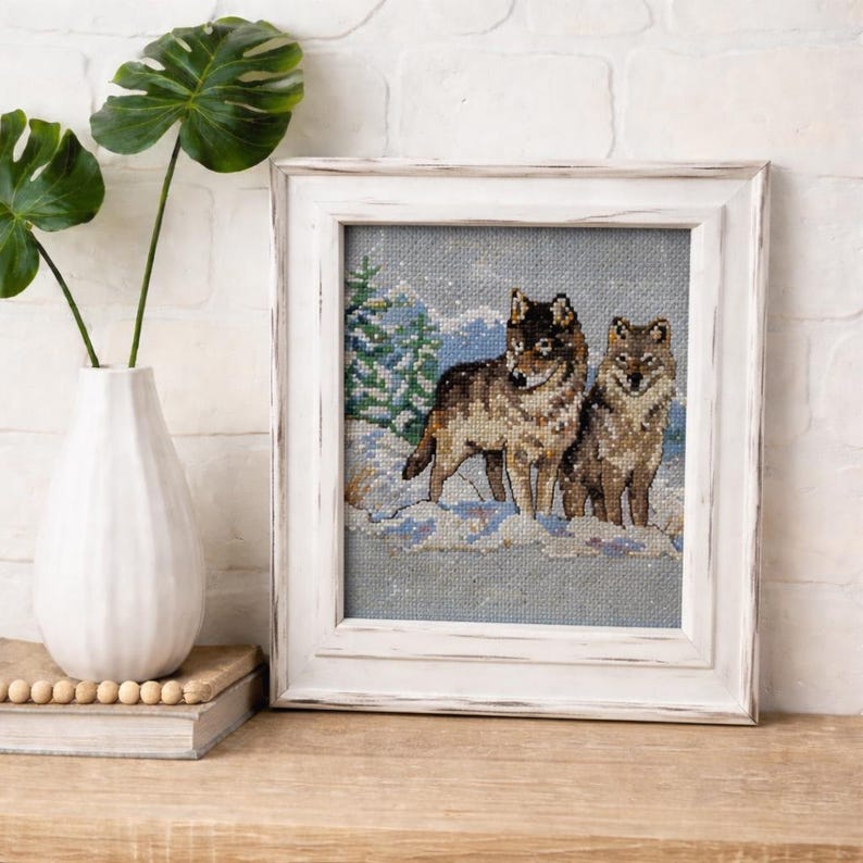 Handmade Cross Stitch Wolves Picture: 6x6 Distressed White Frame image 1