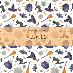 Watercolor Halloween Seamless Paper - Kids Halloween Digital Paper, Cute Nursery Design, Kids Fabric Print, Halloween party print