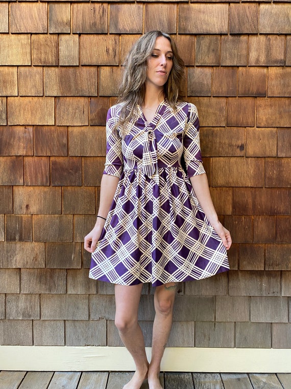 Purple and white 1970s mini dress