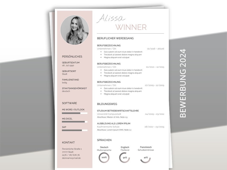 PREMIUM Application Template German: CV Template Word & Pages With ...