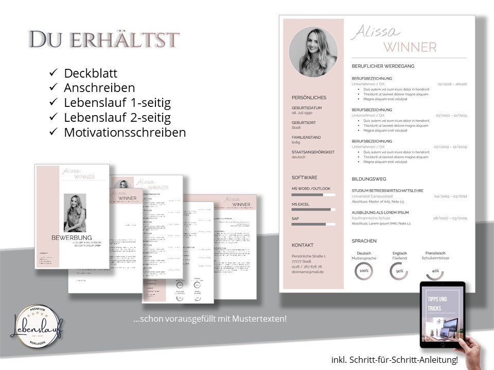 PREMIUM Application Template German: CV Template Word & Pages With ...