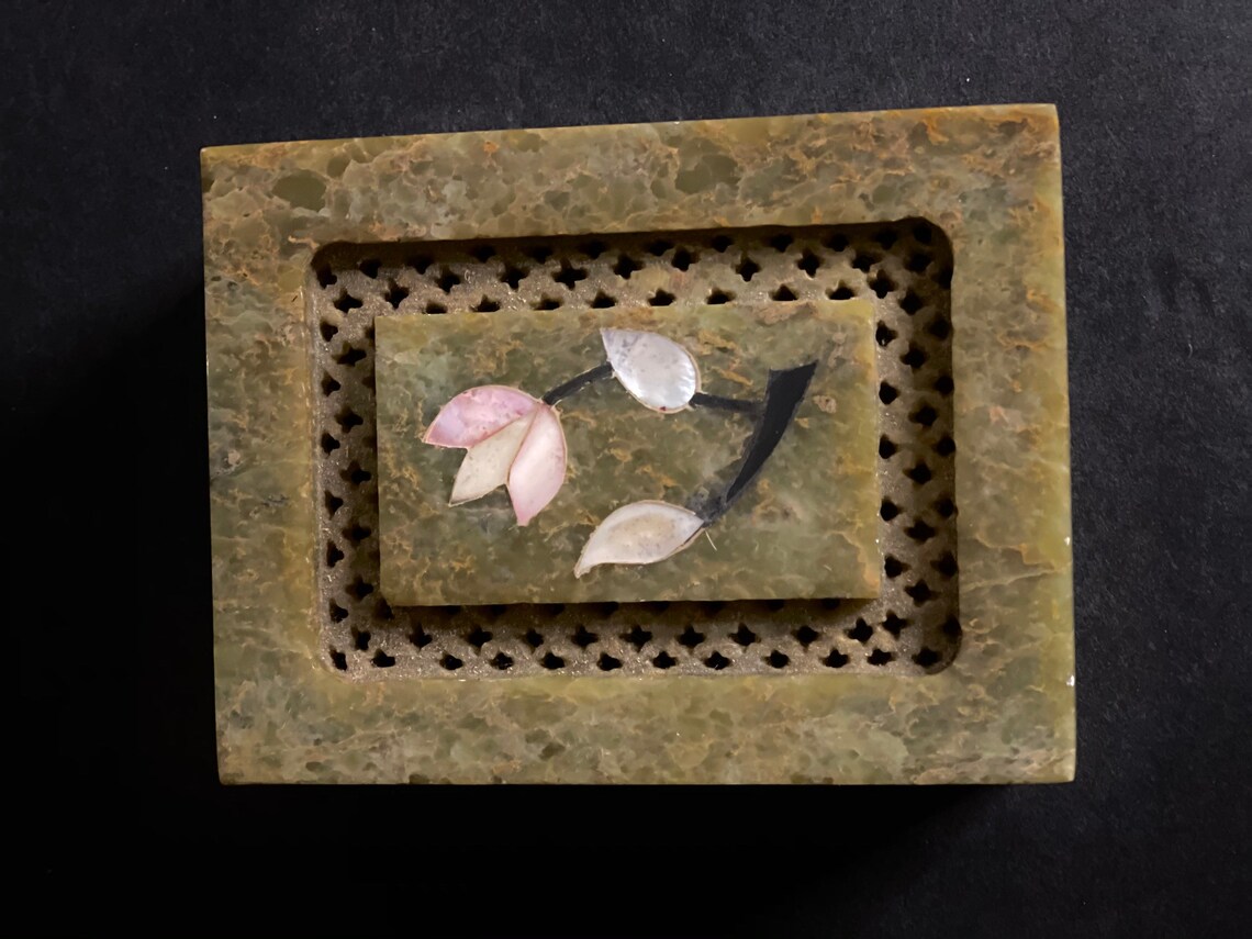 Vintage Jade Jewelry Box with Marble Inlay Hand Carved | Etsy