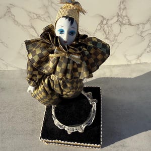 Vintage 10inch Porcelain Pierrot Jester Doll on rotating musical stand | Porcelain Doll | HandPainted | VTG |
