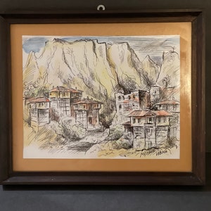 Vintage Original Painting / Vintage Mixed Media Watercolor Painting and Pen Drawn Artwork | Framed | Vtg | Vintage Wall Art | Signed