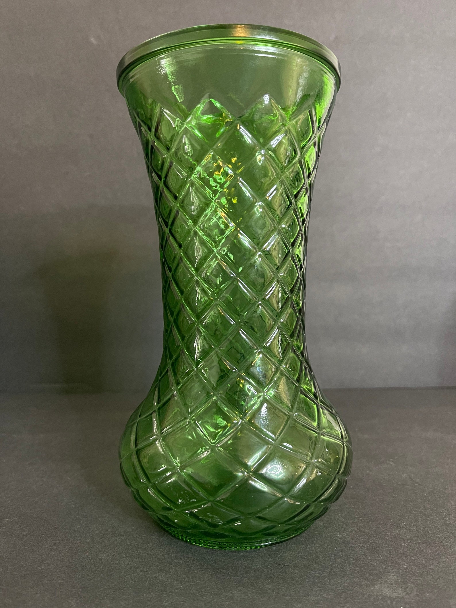 Vintage Hoosier Glass Green Vase 1970s Diamond Pattern Etsy